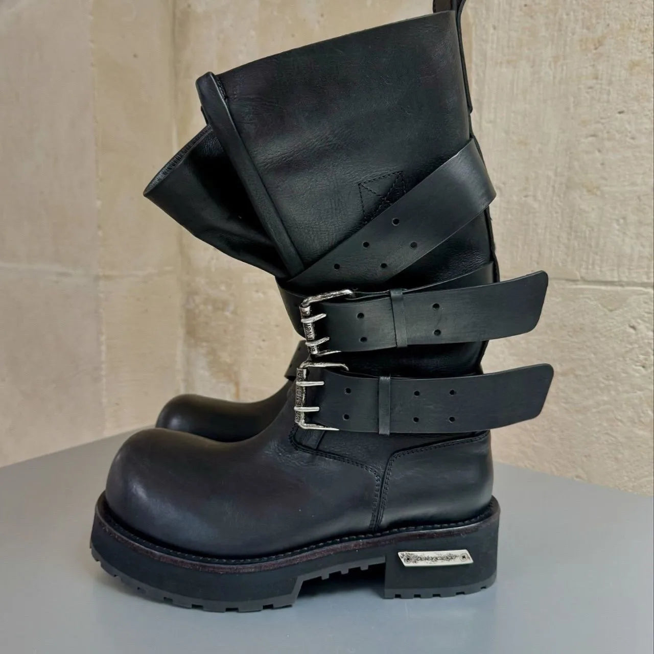 Womens Knee High Buckle Strap Boots Retro Pu Leather Rivet Thick Heel Motorcycle Boots