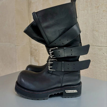 Womens Knee High Buckle Strap Boots Retro Pu Leather Rivet Thick Heel Motorcycle Boots