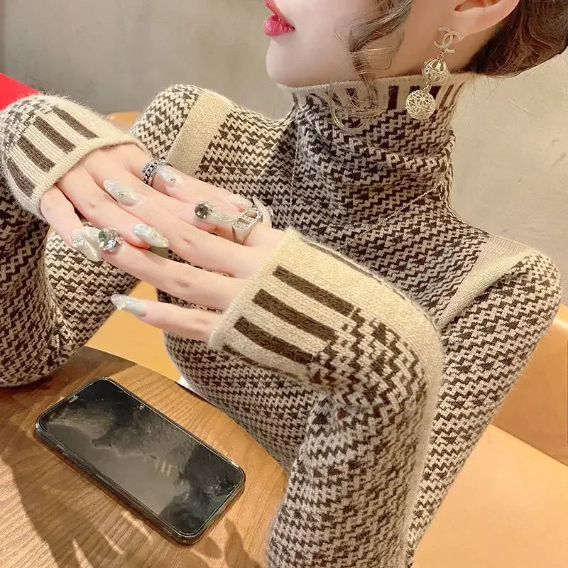 2025 Women S Turtleneck Sweater New Autumn Winter Side Slit Pullover Top Korean Fashion Knit Sweater With Long Flare Sleeves