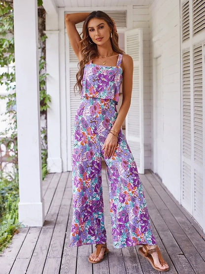 Summer Women's Printed Jumpsuit – Sexy Halter Beach Romper, 2025 New Fashion Long Jumpsuit for Women