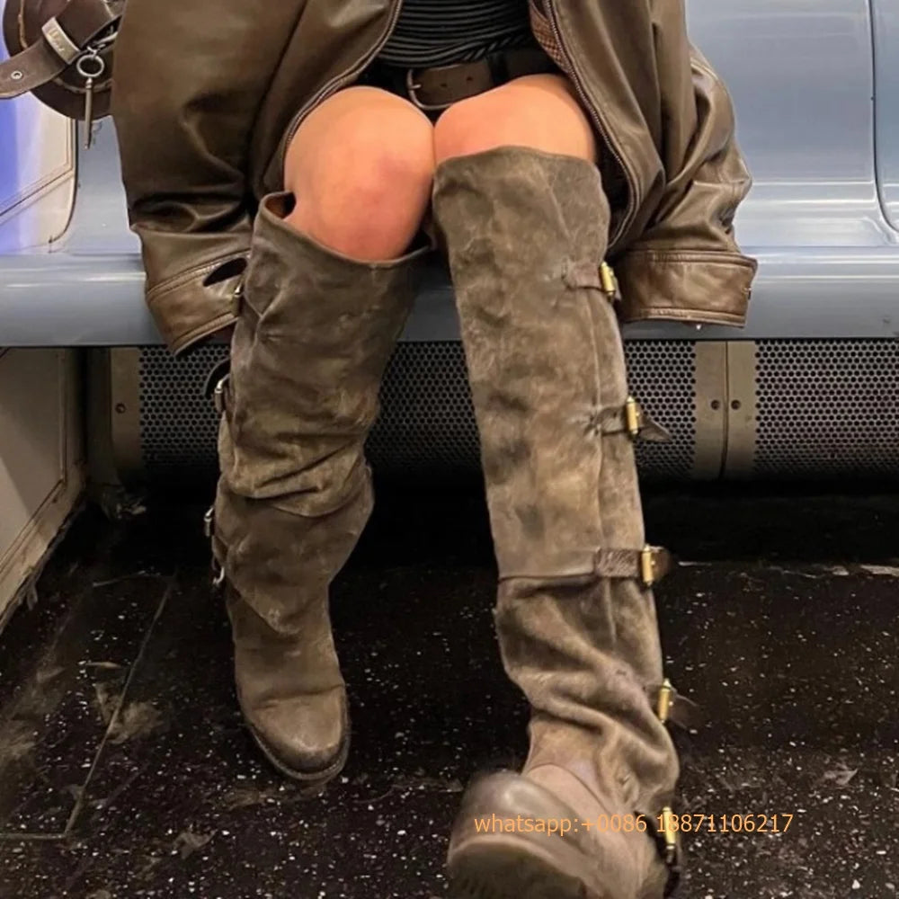 Womens Large Mid Length Retro Boots Buckle Casual Knight Boots For Autumn Winter 2025