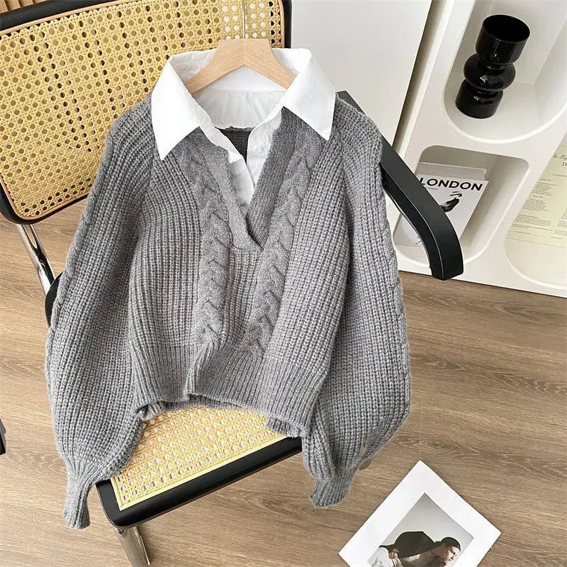 Chic Autumn Style Fake Two Pieces Long Sleeve V Neck Sweaters