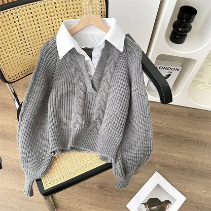 Chic Autumn Style Fake Two Pieces Long Sleeve V Neck Sweaters