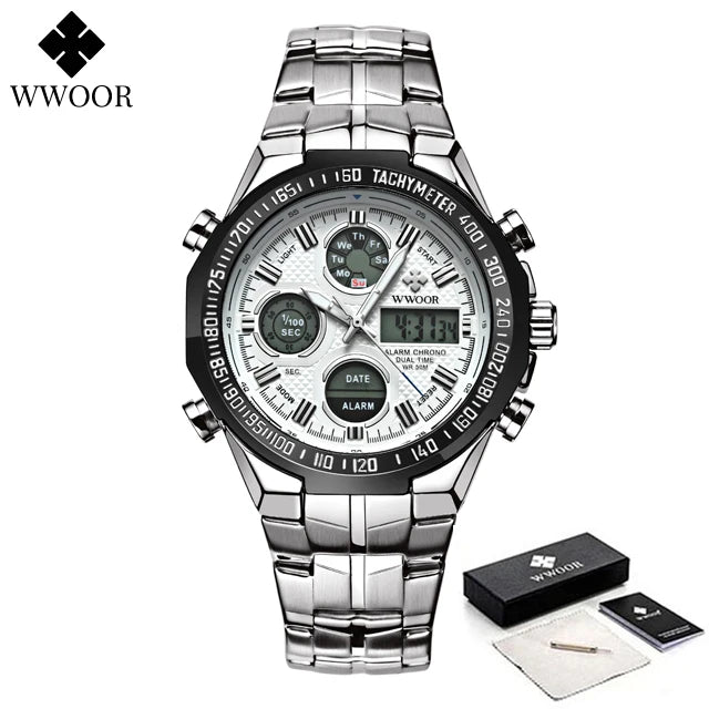 Mens Dual Rich Display Stainless Steel Golden Class Watches