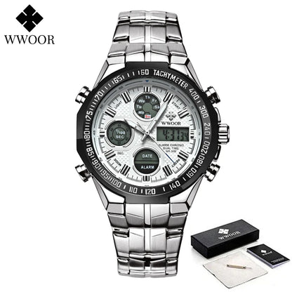 Mens Dual Rich Display Stainless Steel Golden Class Watches