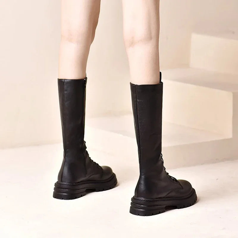Women’s Knee-High Platform Boots 2025 – Korean Style PU Leather Fleeced Chunky Heel Winter Boots