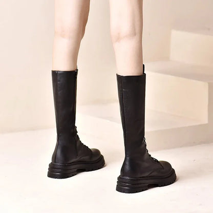 Women’s Knee-High Platform Boots 2025 – Korean Style PU Leather Fleeced Chunky Heel Winter Boots