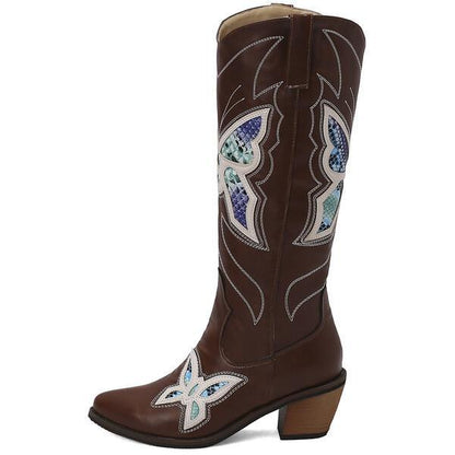 Womens Butterfly Embroidered Pointed Toe Stacked Heel Mid Calf Boots