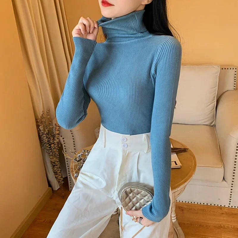 2025 Autumn Winter Women S Thick Ribbed Knitted Turtleneck Sweater Slim Fit Long Sleeve Pullover Soft Warm