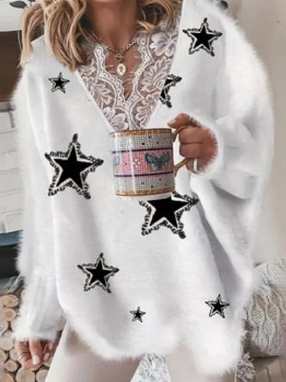 Cozy White Star Print Fuzzy Sweater Aesthetic