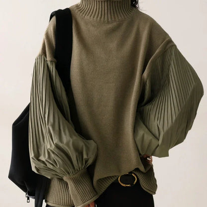 Lantern Sleeve Autumn Knitted Pullover Sweater For Women Patchwork Turtleneck Pleated Lazy Oaf Loose Top Jacket