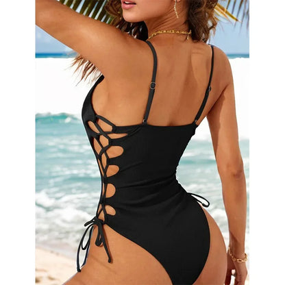 Black Ribbed Lace Up Swimsuit Aesthetic