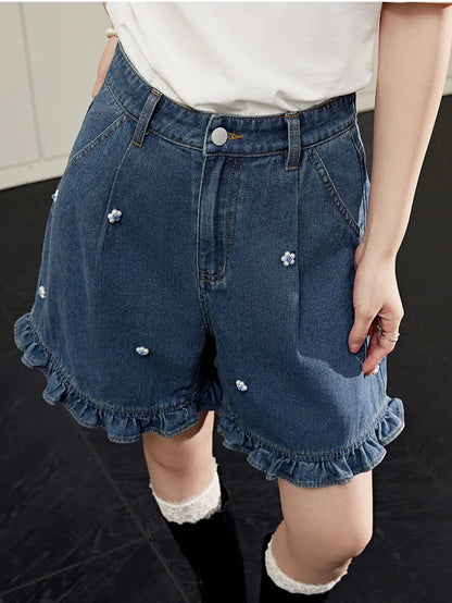 Coquette Aesthetic: Beaded Floral Ruffle Denim Shorts