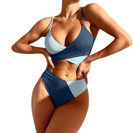 Two-Tone Blue Ribbed Wrap Bikini Aesthetic