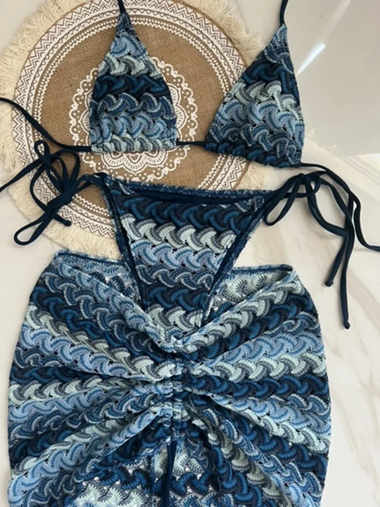 Womens Solid Knit Crochet Bikini Set Hollowed Out Two Piece Swimsuit Halter Beachwear Swimwear