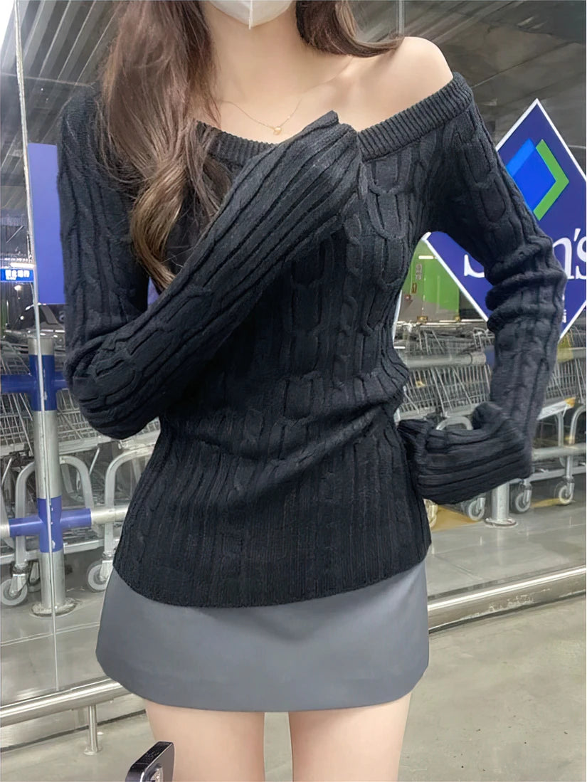 New Knitted Off Shoulder Sweater For Women Long Sleeve Turtleneck Pullover Jumper In Black White Sexy Fashion