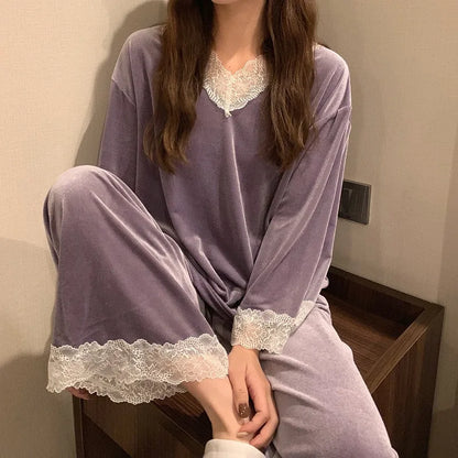 Womens Golden Velvet Pajama Set Lightweight Long Sleeve Lace Sleepwear For Spring Autumn