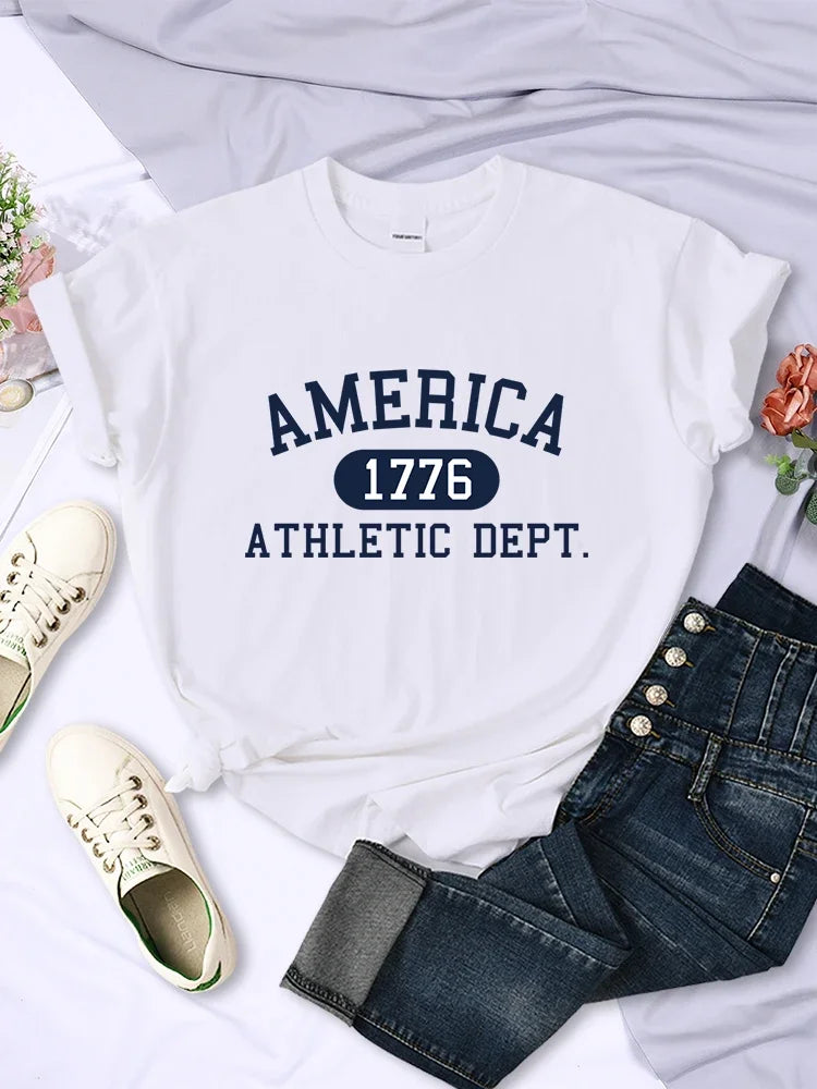 America 1776 Athletic Dept Letter T Shirt Womens Sport Casual Crop Top Cool Hip Hop Tee Soft Breathable