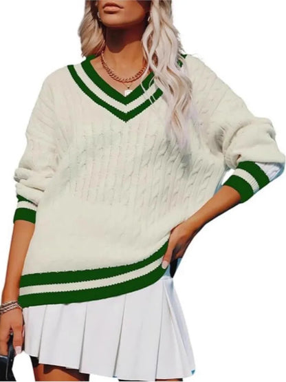 Autumn Winter V Neck Pullover Striped Sweater For Women Loose Comfortable Color Blocking Casual Trendy Knitted Tops