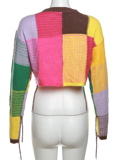 Women's Colorful Patchwork Crop Sweater – Autumn Casual Knitted Pullover, Bare Midriff Coarse Yarn Top