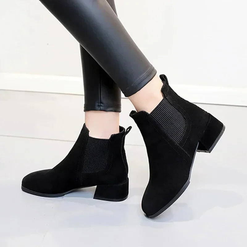 Womens Knitted Ankle Sock Boots Elegant Chunky Heel Square Toe Booties