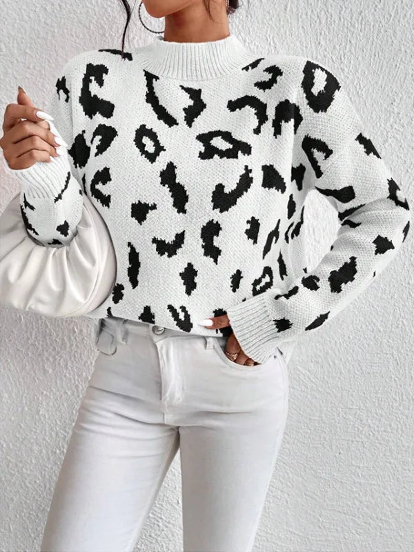 Women Half Leopard Zipper Sweaters