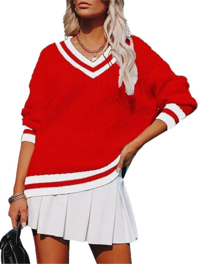 Autumn Winter V Neck Pullover Striped Sweater For Women Loose Comfortable Color Blocking Casual Trendy Knitted Tops