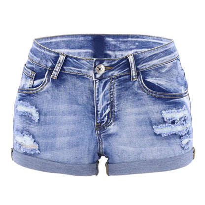 Womens Mid Rise Distressed Denim Shorts Summer Beach Fashion Curled Cuff Perforated Design Elastic Slim Fit Casual Shorts
