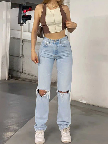 Light Blue Knee Ripped Full Length Women Jeans