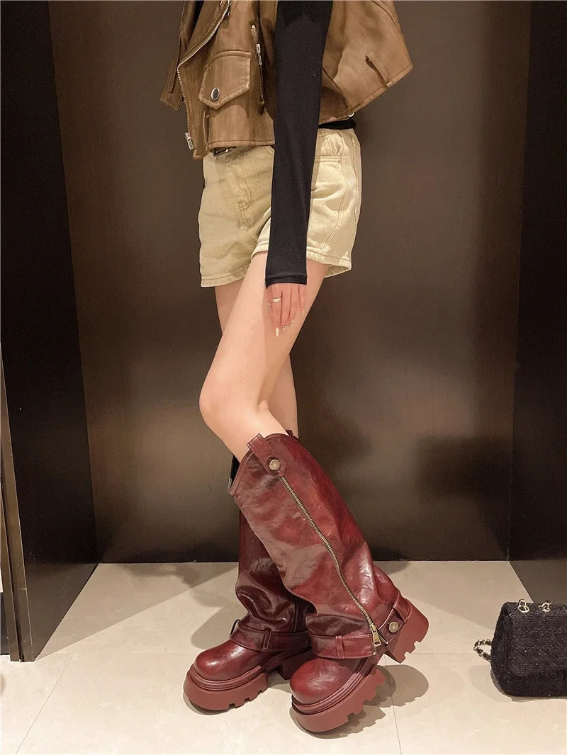 Women’s Knee-High Retro Western Boots 2025 – PU Leather Zipper Chunky Heel Punk Knight Boots
