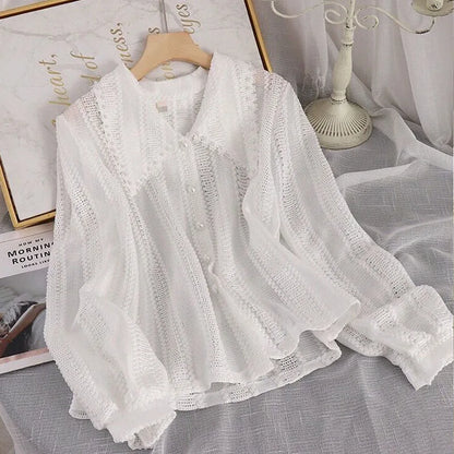 Romantic Heritage: Lace-Up Peter Pan Collar Cardigan Blouse