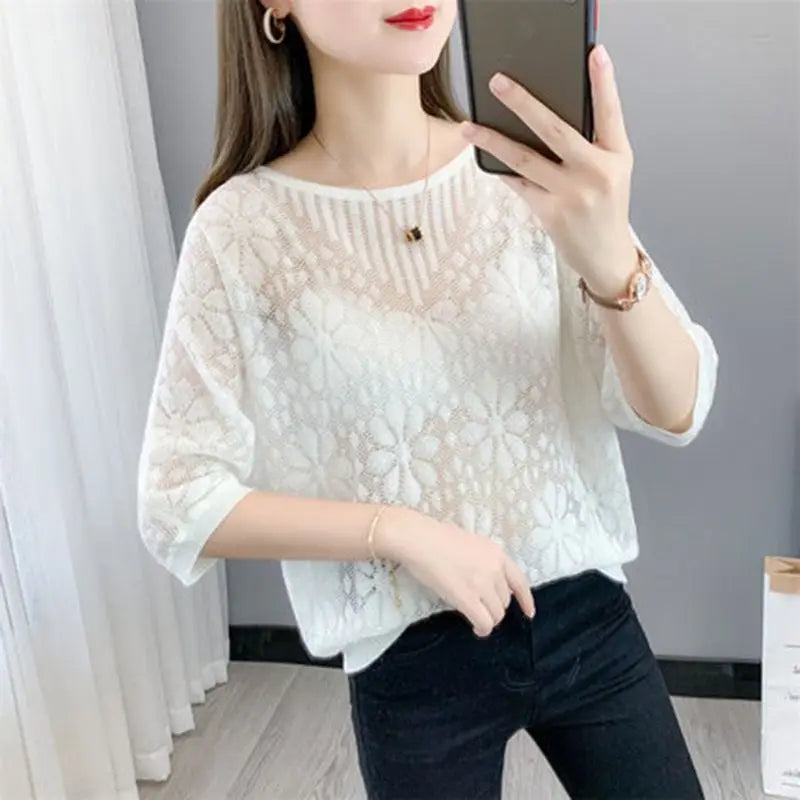 Elegant Knitted Hollow Out O Neck Sweater