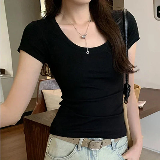 100 Cotton Womens T Shirt Casual Short Sleeve Plain Tee Slim Fit O Neck Basic Top Black White Loose Pullover