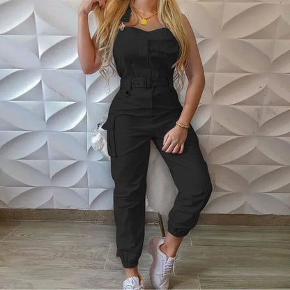 2025 Women S Casual Cargo Jumpsuit Sleeveless O Neck Playsuit With Pocket Belt Loose Pencil Pants