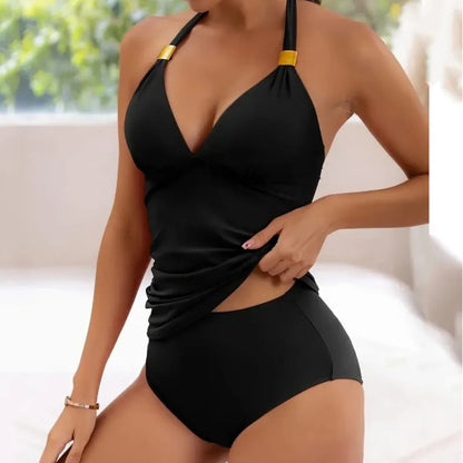 2025 Summer Plus Size Bikini Set Solid Halter Neck Drawstring Swimming Suit Tankini Bottoms For Women