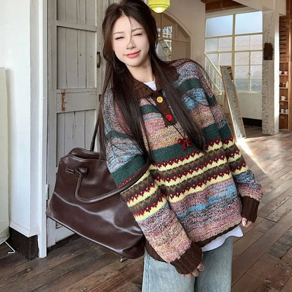 Womens Bohemian Crochet Knit Sweater Loose Round Neck Pullover With Long Sleeves