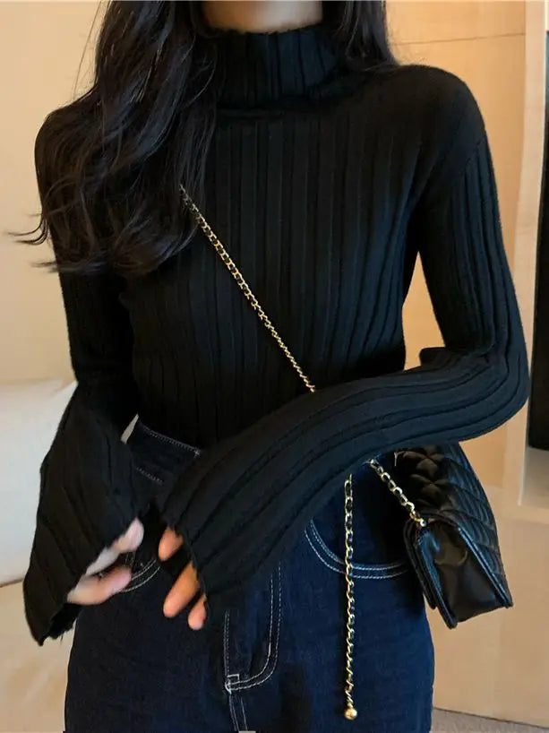 Womens Regular Style Black White Turtleneck Winter Sweaters