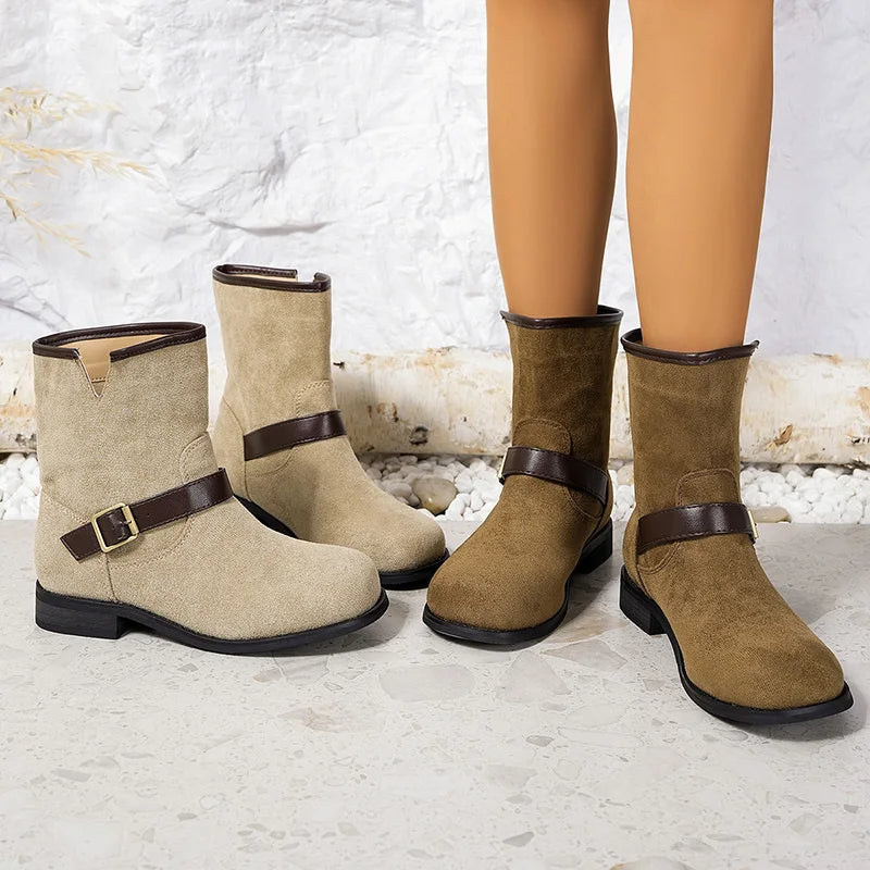 Designer British Style Square Low Heel Faux Suede Boots For Women