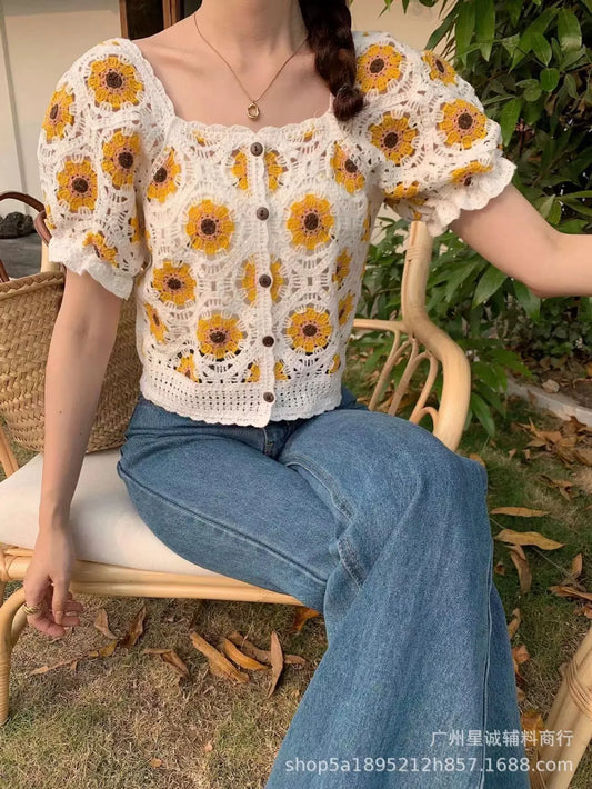 Embroidered Crop Blouse With Hollow Out Daisy Floral Design Women S Summer Vacation Top