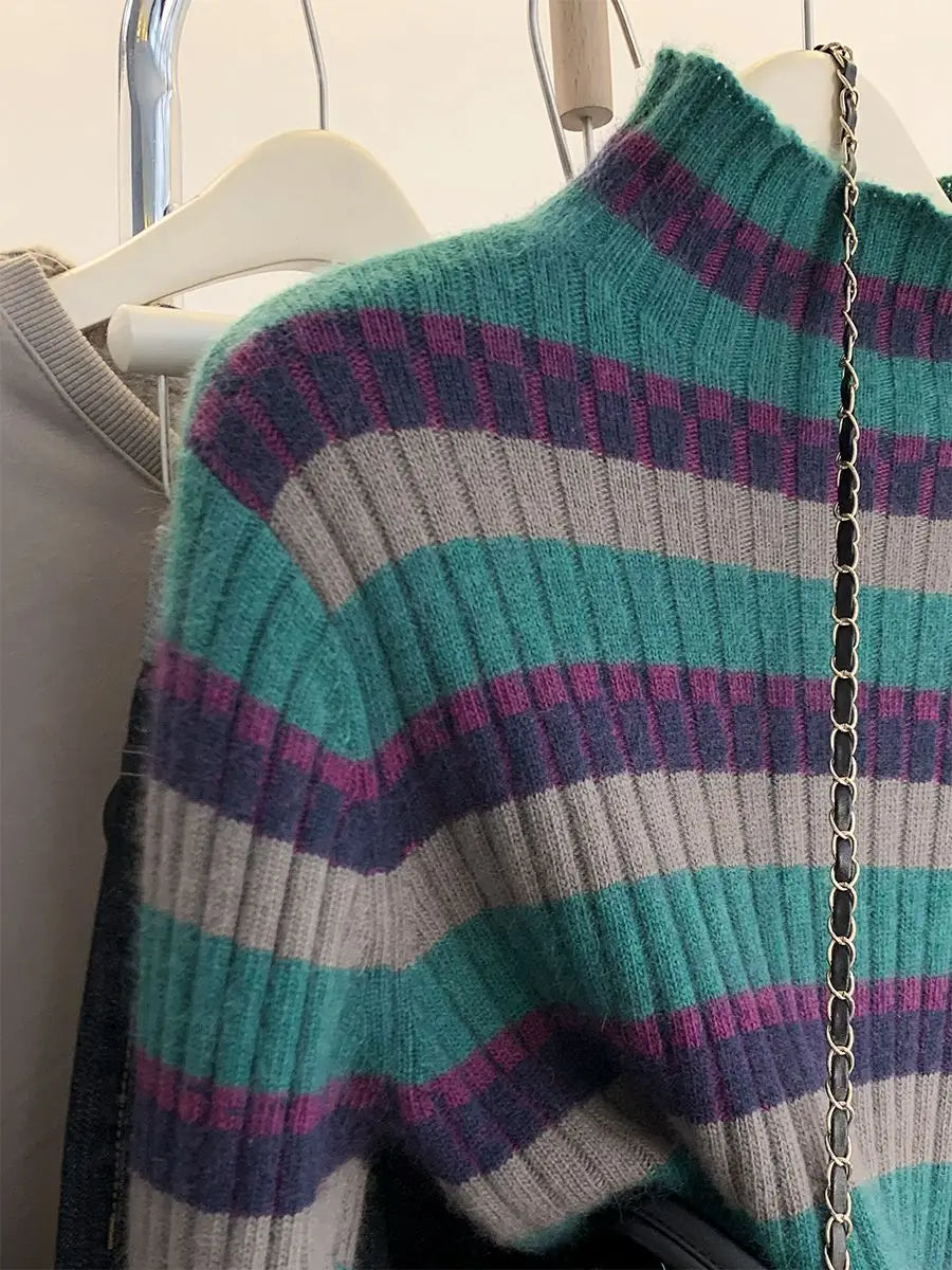 Oversized Sweater Striped Turtleneck Knit Pullover