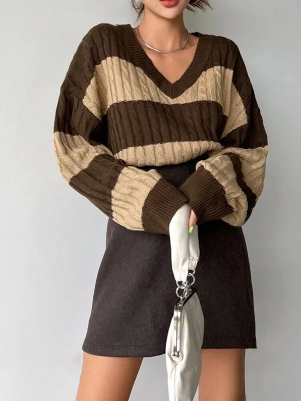 2025 Womens Stripe Knitted Sweater Long Sleeve V Neck Cropped Top Loose Fit Spring Versatile Warm Knit