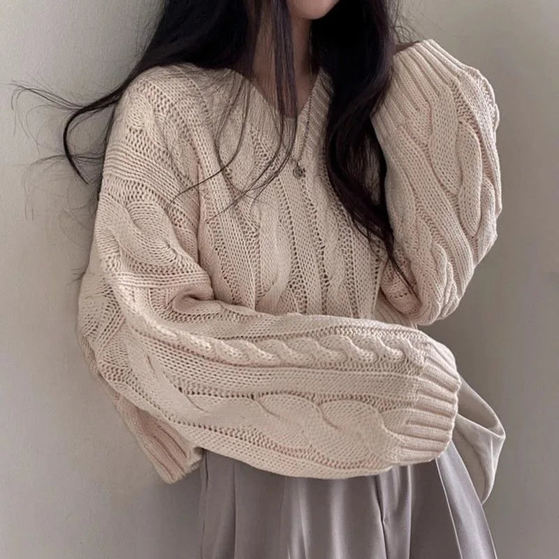 Korean Fashion Sequin Corset Sweater O Neck Solid Knit Pullover Casual Long Sleeve Short Top For Women