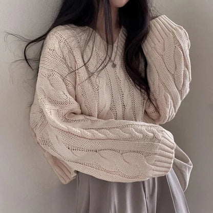 Korean Fashion Sequin Corset Sweater O Neck Solid Knit Pullover Casual Long Sleeve Short Top For Women