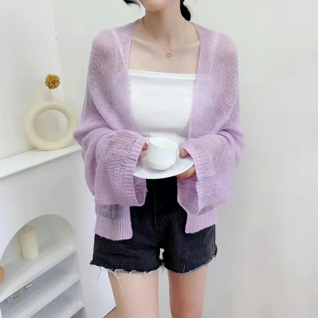 Korean Cropped Knit Cardigan – Hollow Summer Sweater for Women