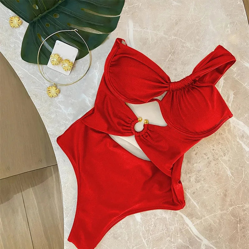 2025 One Shoulder High Waist Bikini Solid Color Padded Swimsuit For Women Trendy Summer Beachwear