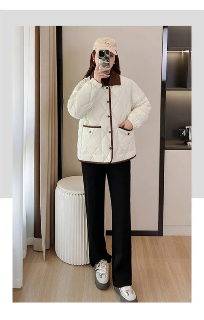 Quilted PU Leather Short Coat – Warm Rhombic Lattice Winter Jacket for Women