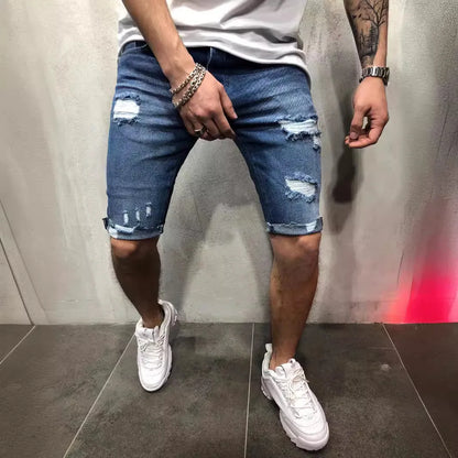 Mens Elastic Waist Ripped Summer Jean Shorts