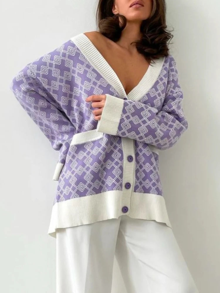 Geometric Jacquard V-Neck Knit Cardigan – Oversized 2025 Autumn/Winter