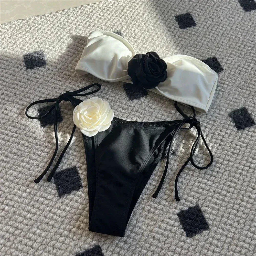 Sophisticated Black Bikini with White 3D Rose Details Aesthetic
