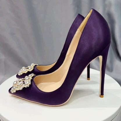 Square Glitter Decor Purple Satin Pointy Toe High Heel Women Shoes